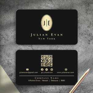 Classy Elegant Black & Gold Shiny Oval Monogram Business Card