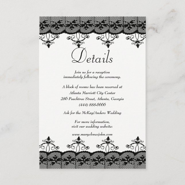 Classy Elegant Black Lace Wedding Details Enclosure Card (Front)
