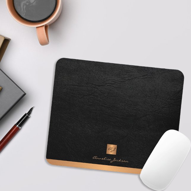 Classy elegant black leather gold monogrammed mouse mat (Creator Uploaded)