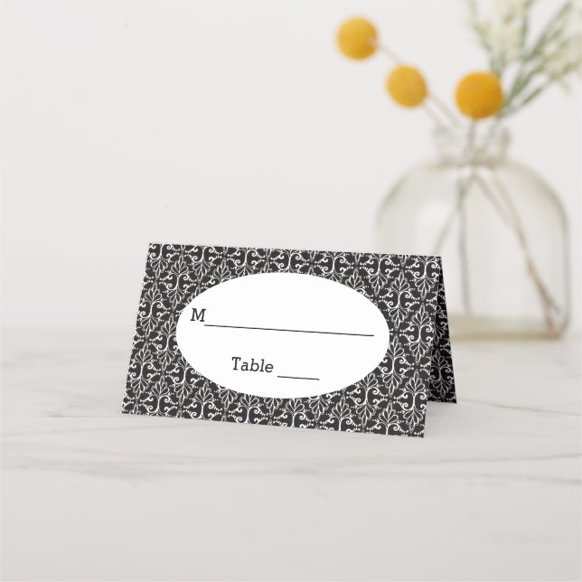 Classy Elegant Black White Damask Pattern Place Card (Front)