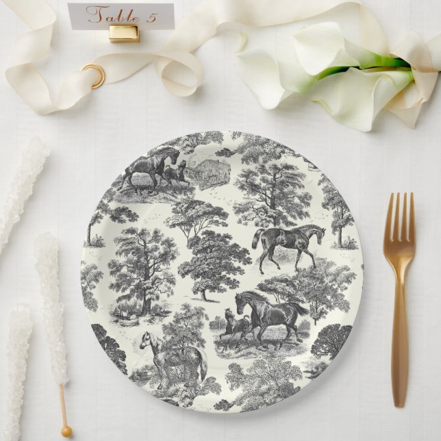 Classy Elegant Black White Horses Country Toile Paper Plate (Wedding)