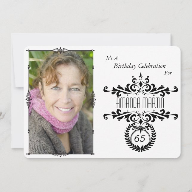 Classy Elegant Black/White Photo Birthday Invite (Front)