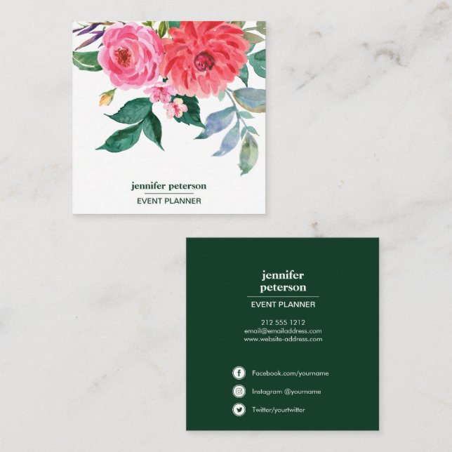 Classy Elegant bloom red peony  Social Media Icons Square Business Card (Front/Back)