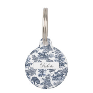 Classy Elegant Blue Horses Toile Name Number Pet Tag
