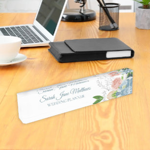 Classy elegant blush blue peonies wedding planner nameplate