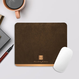 Classy elegant brown leather gold monogrammed mouse mat
