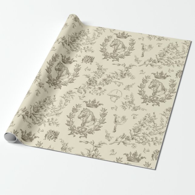 Classy Elegant Chic Beige Equestrian Toile Wrapping Paper (Unrolled)
