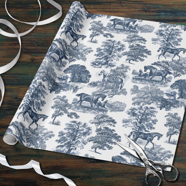 Classy Elegant Chic Blue Horses Toile Pattern Wrapping Paper (Creator Uploaded)