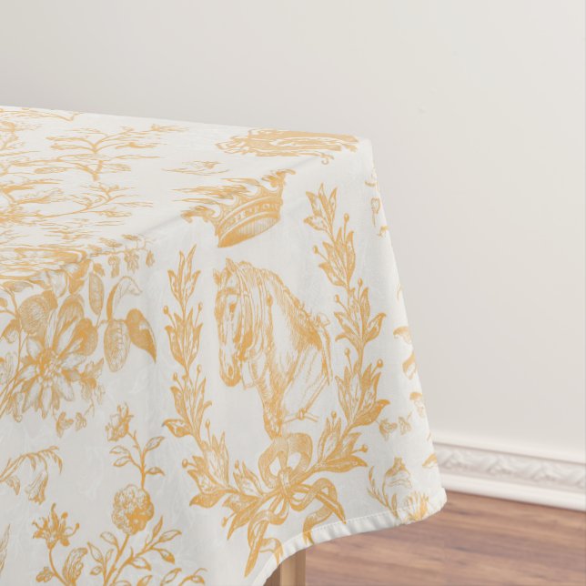Classy Elegant Chic Gold Beige Equestrian Toile Tablecloth (In Situ)