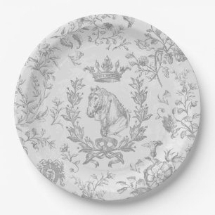 Classy Elegant Chic Grey White Equestrian Toile Paper Plate