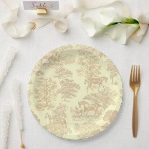 Classy Elegant Chic Horses Toile Beige Cream Paper Plate