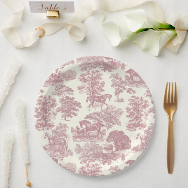 Classy Elegant Chic Pink Horses Country Toile Paper Plate (Wedding)