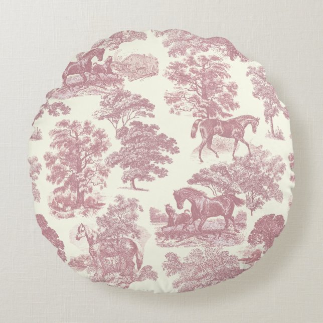 Classy Elegant Chic Pink Horses Country Toile Round Cushion (Front)
