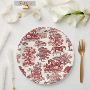Classy Elegant Chic Red Horses Country Toile Paper Plate