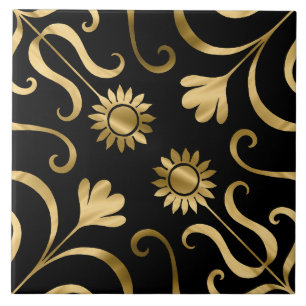 Classy Elegant Floral Damask Black Gold Sunflower Tile