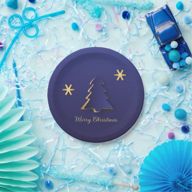 Classy Elegant Gold Blue Christmas Tree Paper Plate (Party)