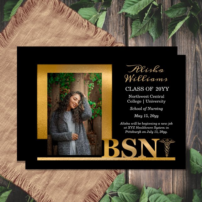 Classy Elegant Gold BSN Caduceus 1 Photo Black Announcement (Classy Elegant "BSN" Gold Tone | Black Caduceus Photo Graduation Announcement - Print | Download)