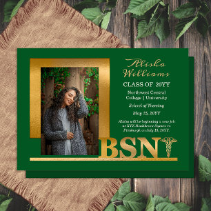 Classy Elegant Gold BSN Caduceus Photo Dk Green Announcement