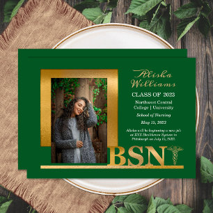 Classy Elegant Gold BSN Caduceus Photo Dk Green Announcement