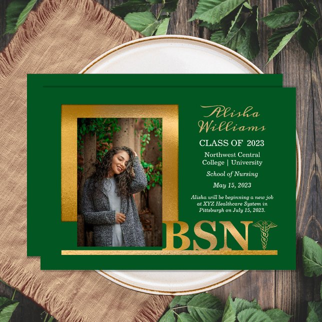 Classy Elegant Gold BSN Caduceus Photo Dk Green Announcement (Creator Uploaded)