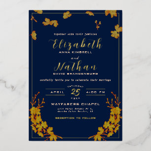 Classy Elegant Gold Floral Navy Blue Wedding