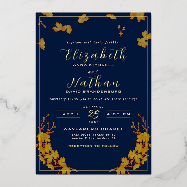 Classy Elegant Gold Floral Navy Blue Wedding (Front)