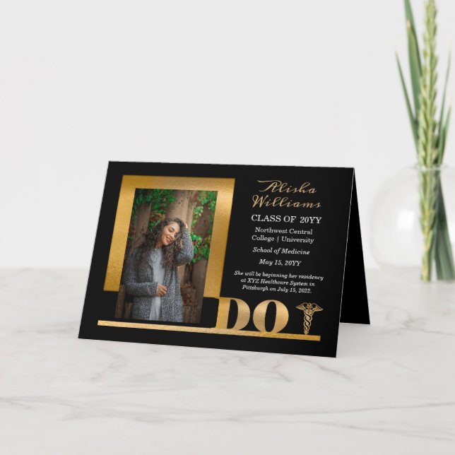 Classy Elegant Gold MD Caduceus 1 Photo Black Card (Front)