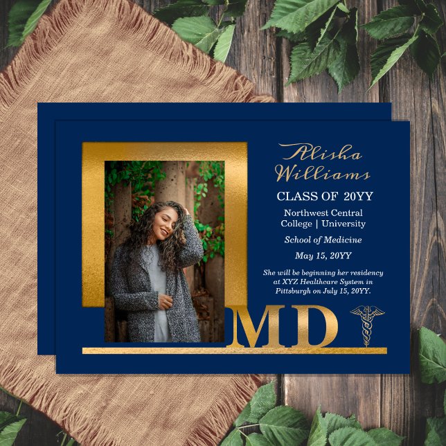 Classy Elegant Gold MD Caduceus 1 Photo Blue Announcement (Classy Elegant Gold Tone and Blue "MD" Doctor Physician Caduceus One Photo Graduation Announcement )