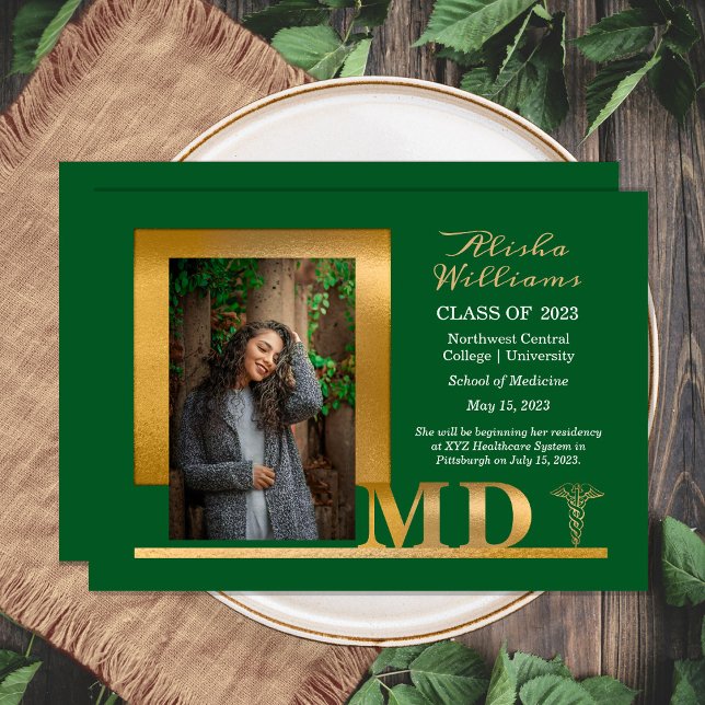 Classy Elegant Gold MD Caduceus 1 Photo Dk Green Announcement (Creator Uploaded)