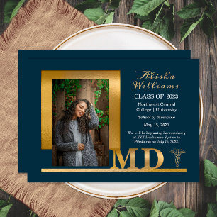 Classy Elegant Gold MD Caduceus 1 Photo Dk Teal Announcement