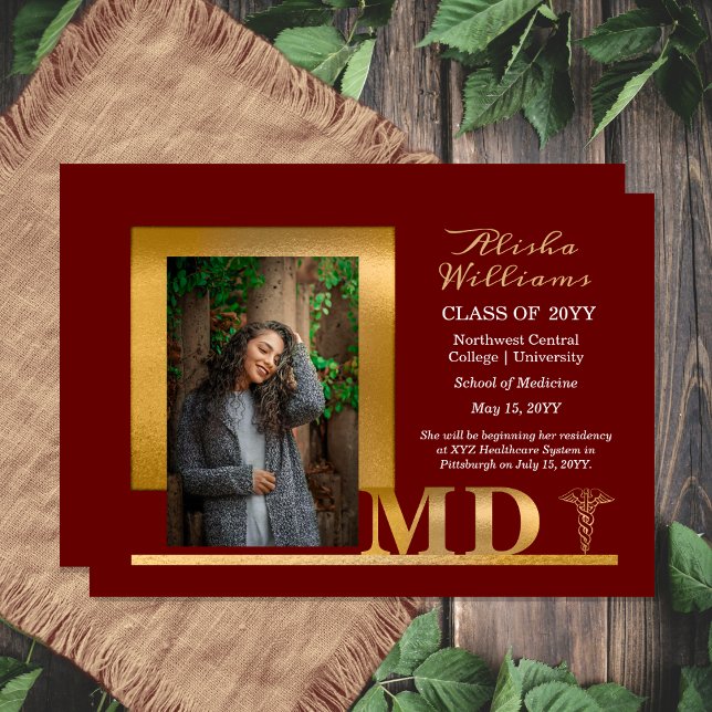 Classy Elegant Gold MD Caduceus 1 Photo Maroon Announcement (Classy Elegant "MD" Gold Tone and Dark Red | Maroon Graduation Announcement)