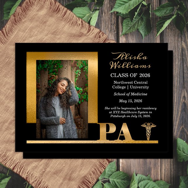 Classy Elegant Gold PA Caduceus 1 Photo Black Grad Announcement (Elegant Classy Gold Tone PA Caduceus Physician's Assistant 1 Photo Black Grad Announcement)