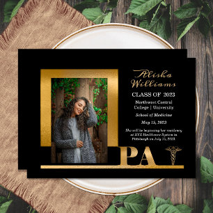 Classy Elegant Gold PA Caduceus 1 Photo Black Grad Announcement