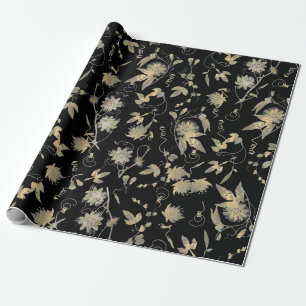 Classy Elegant Gold Passion Flowers on Black Wrapping Paper