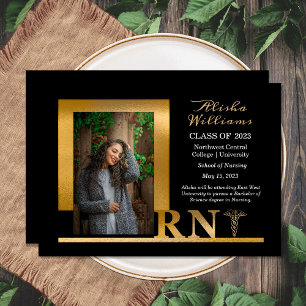 Classy Elegant Gold RN Caduceus 1 Photo Black  Announcement