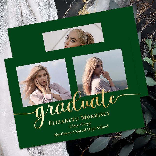 Classy Elegant Gold Script Text Graduate 3 Photo (Elegant Modern 3 Photo Script Text Graduation Gold Foil Announcement - Green)