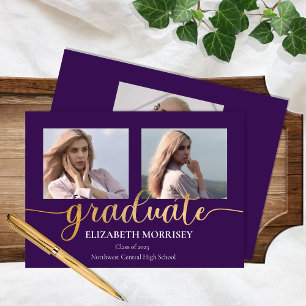 Classy Elegant Gold Script Text Graduate 3 Photo Announcement