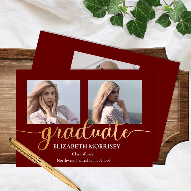 Classy Elegant Gold Script Text Graduate 3 Photo Announcement (Creator Uploaded)