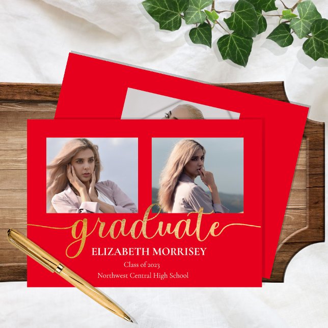 Classy Elegant Gold Script Text Graduate 3 Photo Announcement (Creator Uploaded)