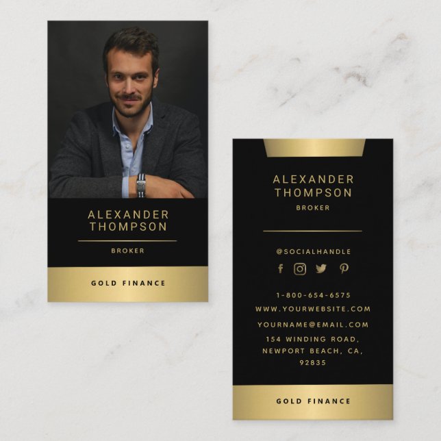 Classy Elegant Gold Stripe CEO Professional Photo Business Card (Front/Back)