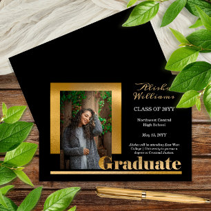 Classy Elegant Gold Text Graduate 1 Photo Black Announcement