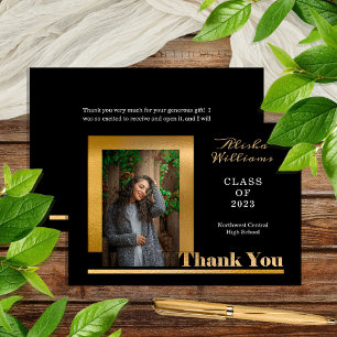 Classy Elegant Gold Text Graduate 1 Photo Black Thank You Card