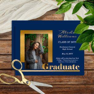 Classy Elegant Gold Text Graduate 1 Photo Blue Announcement