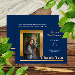 Classy Elegant Gold Text Graduate 1 Photo Dk Blue Thank You Card
