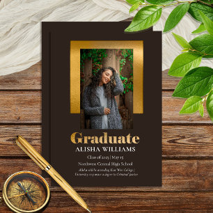Classy Elegant Gold Text Graduate 1 Photo Dk Brown Announcement