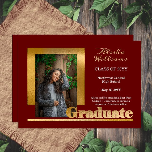 Classy Elegant Gold Text Graduate 1 Photo Maroon  Announcement (Elegant and Classy Gold Tone Text Graduate 1 Photo Maroon Graduation Announcement)