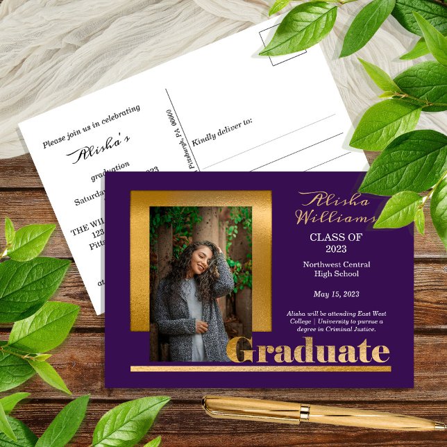 Classy Elegant Gold Text Graduate 1 Photo Purple Postcard (Creator Uploaded)