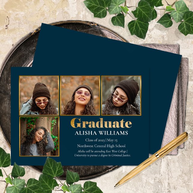 Classy Elegant Gold Text Graduate 4 Photo  Announcement (Creator Uploaded)