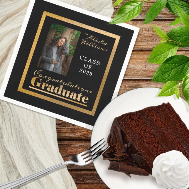 Classy Elegant Gold Text Graduate Photo Black Napkin (Creator Uploaded)