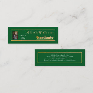 Classy Elegant Gold Text Graduate Photo Green  Mini Business Card